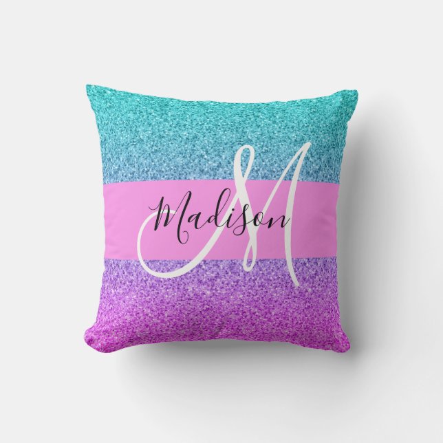 Glam Lila Aqua Glitzer Sparkle Gradient Monogram Kissen (Vorderseite)