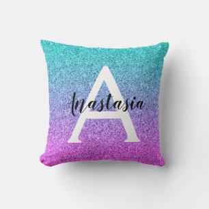 Glam Lila Aqua Glitzer Sparkle Gradient Monogram Kissen