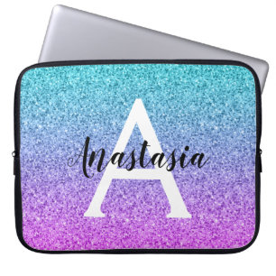 Glam Lila Aqua Glitzer Sparkle Gradient Monogram Laptopschutzhülle
