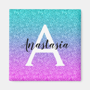 Glam Lila Aqua Glitzer Sparkle Gradient Monogram Magnet