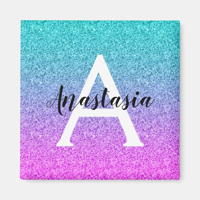 Glam Lila Aqua Glitzer Sparkle Gradient Monogram Magnet (Vorne)