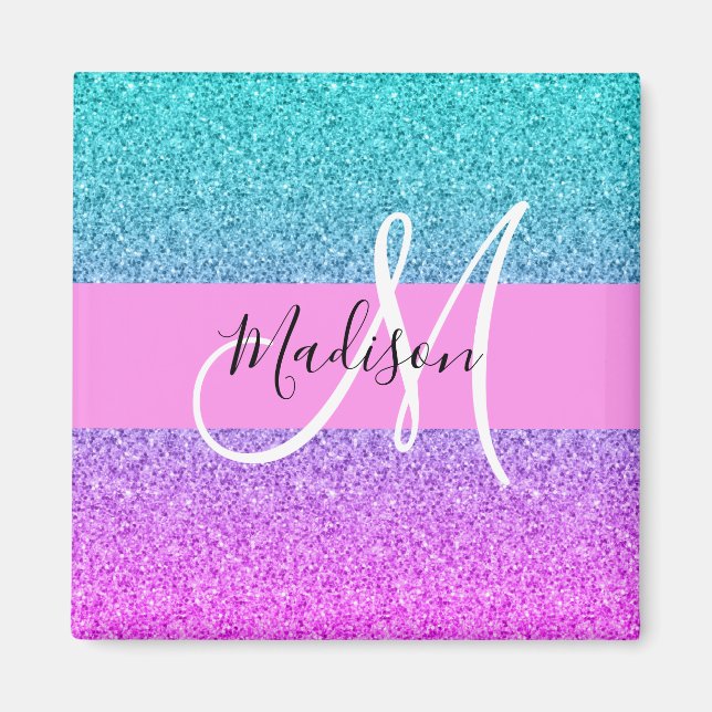 Glam Lila Aqua Glitzer Sparkle Gradient Monogram Magnet (Vorne)