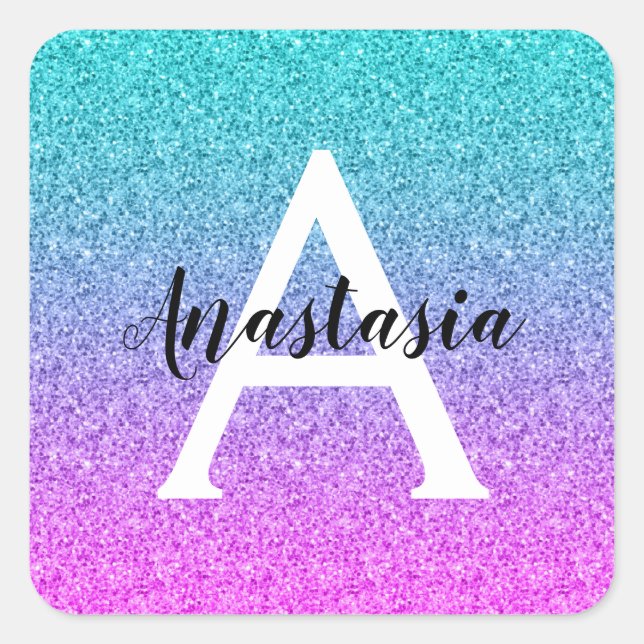 Glam Lila Aqua Glitzer Sparkle Gradient Monogram Quadratischer Aufkleber (Vorderseite)