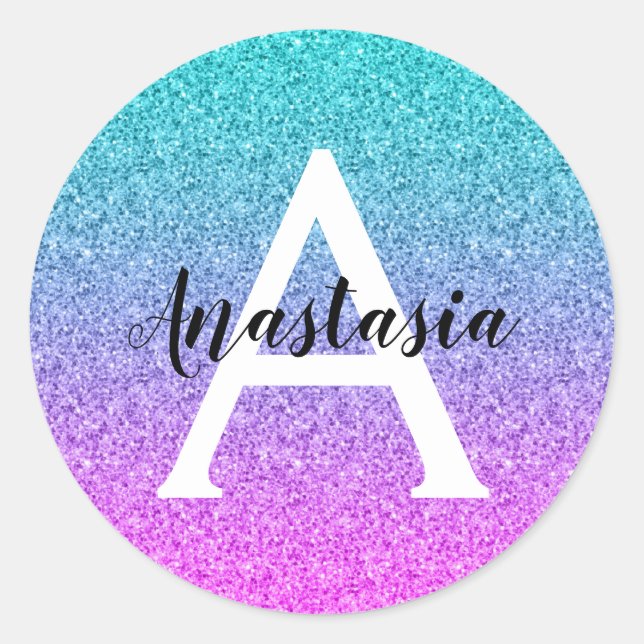Glam Lila Aqua Glitzer Sparkle Gradient Monogram Runder Aufkleber (Vorderseite)