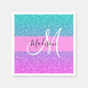 Glam Lila Aqua Glitzer Sparkle Gradient Monogram Serviette