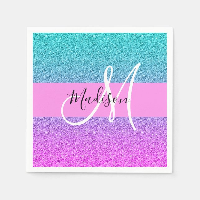Glam Lila Aqua Glitzer Sparkle Gradient Monogram Serviette (Vorderseite)
