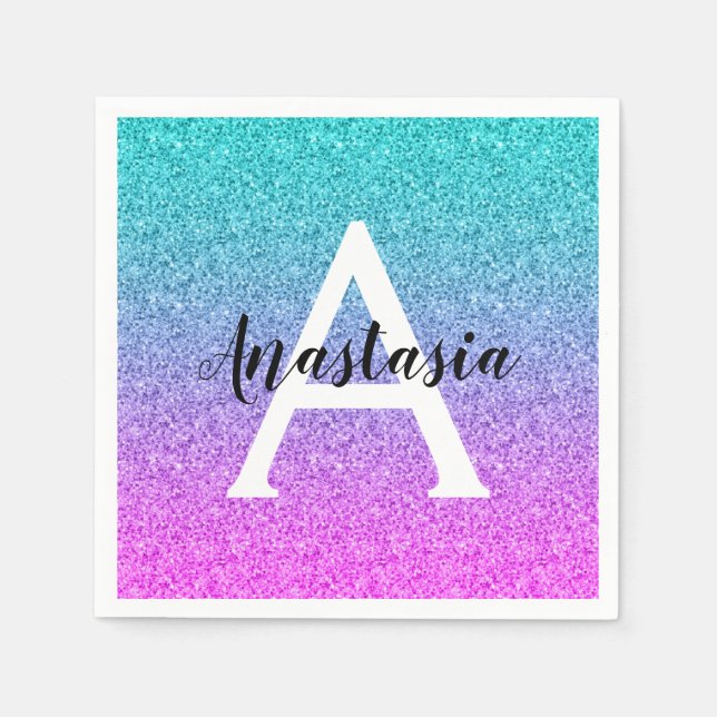 Glam Lila Aqua Glitzer Sparkle Gradient Monogram Serviette (Vorderseite)