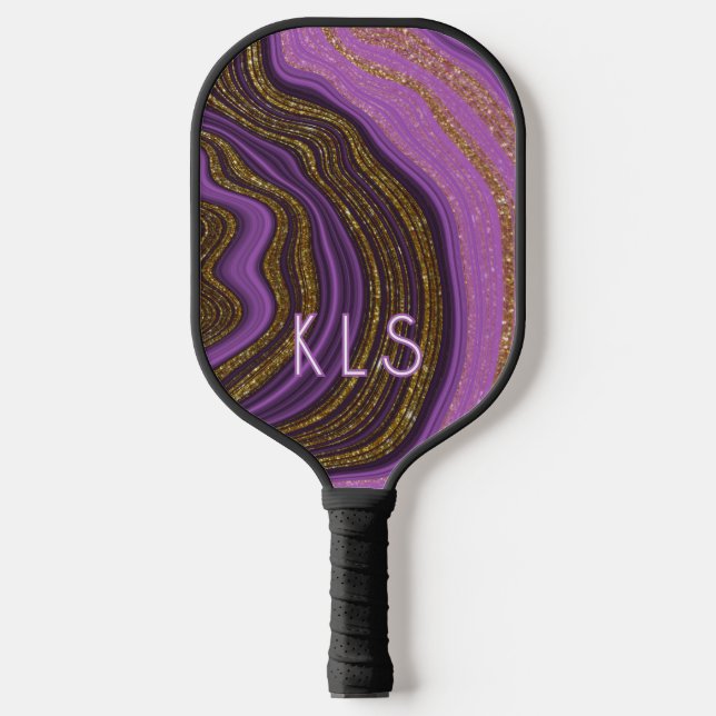 Glam Lila Black & Gold Glitzer Agate Monogram Pickleball Schläger (Vorderseite)