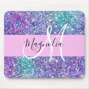 Glam Lila, Blue & Green Glitzer Sparkon Monogram Mousepad