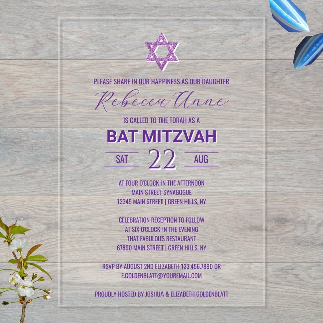 Glam Lila Chic Traditionelles Elegant Bat Mitzvah Acryleinladungen (These modern acrylic invitations are an upscale choice for your Bat Mitzvah invites)