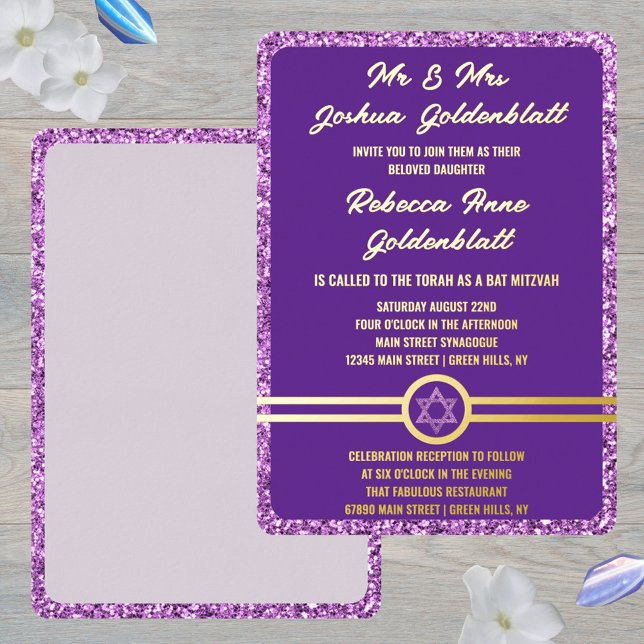 Glam Lila Classic Elegant Bat Mitzvah Gold Folieneinladung (This purple Bat Mitzvah invitation is easy to personalize)