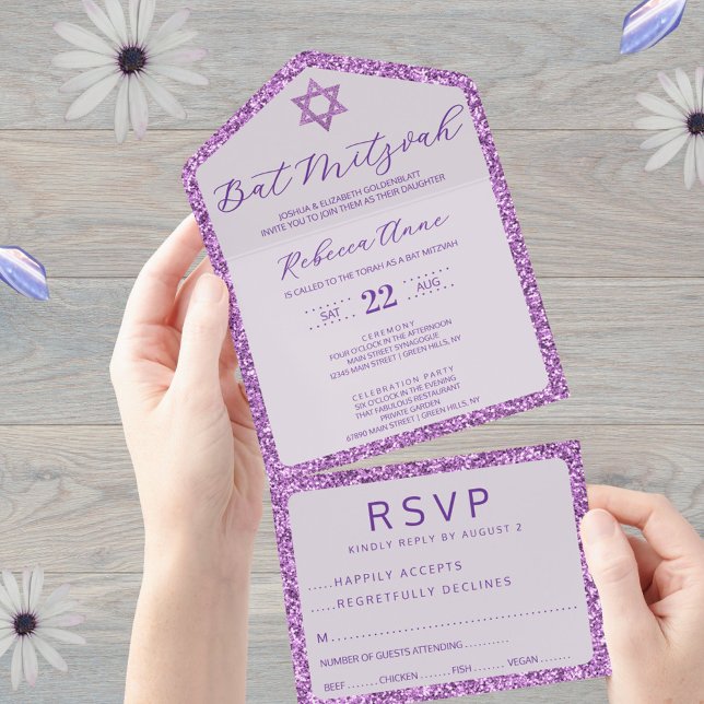 Glam Lila Classic Elegant Bat Mitzvah UAWG All In One Einladung (Add a little faux glitter to your Bat Mitzvah invitations with this purple all in one invite style)