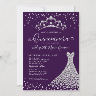 Glam Lila Diamond Sparkle Tiara Gown Quinceanera Einladung