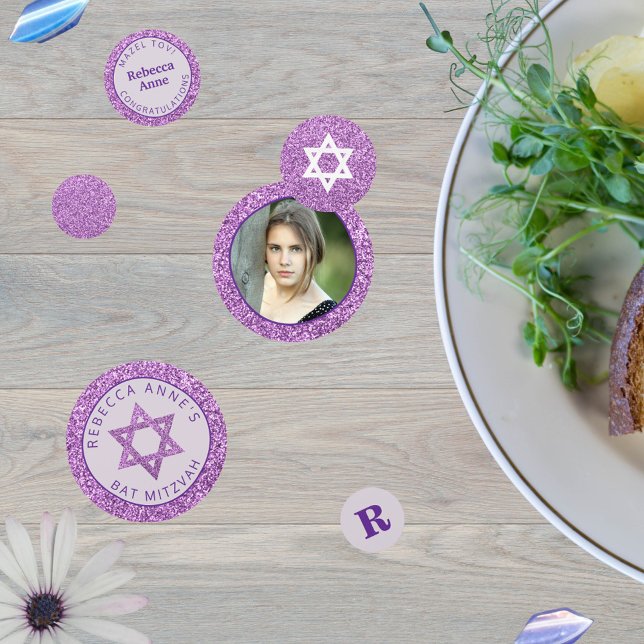 Glam Lila Elegante Girl Foto Bat Mitzvah Party Konfetti (This purple glam Bat Mitzvah confetti is fun to sprinkle on the party tables)