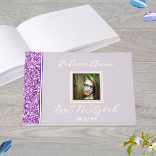 Glam Lila Elegantes Foto Bat Mitzvah Gold Gästebuch