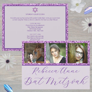 Glam Lila Elegantes Script 3 Foto Bat Mitzvah Einladung