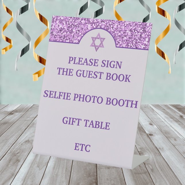 Glam Lila Gestalten Sie Ihr eigenes elegantes Bat  Sockelschild (Edit and add your own text to make the perfect purple glam Bat Mitzvah tabletop signs for the party)