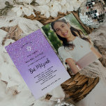 Glam Lila Glitzer Look Bat Mitzvah | Foto zurück Einladung<br><div class="desc">Diese moderne und elegante Bat Mitzvah-Einladung besticht durch eine trendige Schriftzeichen-Typografie auf einem Glamour,  eine lila Ober- und Imitat-Glitzer-Hintergrund mit einem Bild des Star of David. Dein Lieblings-Foto geht hinten los.</div>