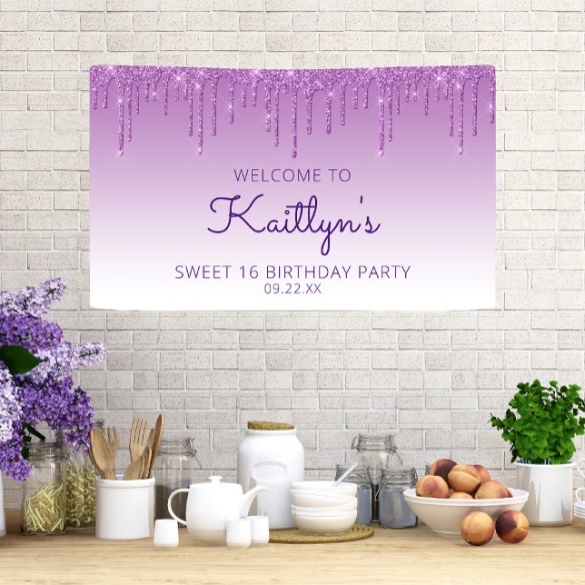 Glam Lila Glitzer Tropfen Sweet 16 Party Banner (Von Creator hochgeladen)