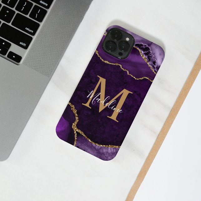 Glam Lila Gold Agate Geode Monogram iPhone Hülle (Von Creator hochgeladen)