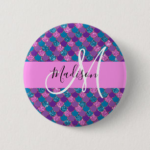 Glam Lila Mermaid Glitzer Glitzern Monogram Name Button