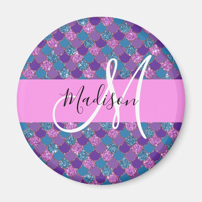 Glam Lila Mermaid Glitzer Glitzern Monogram Name Magnet (Vorne)