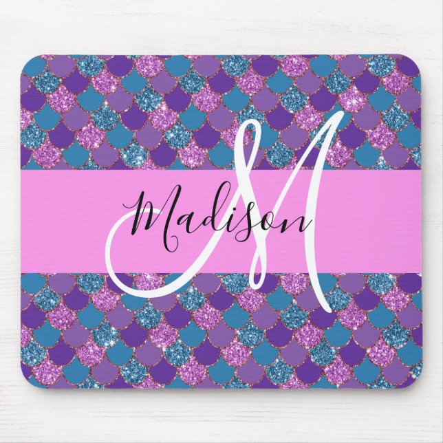 Glam Lila Mermaid Glitzer Glitzern Monogram Name Mousepad (Vorne)