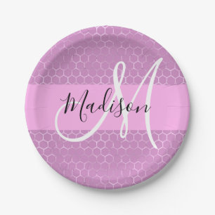 Glam Lila Metallisch Rosa Honigwaben Monogramm Nam Pappteller
