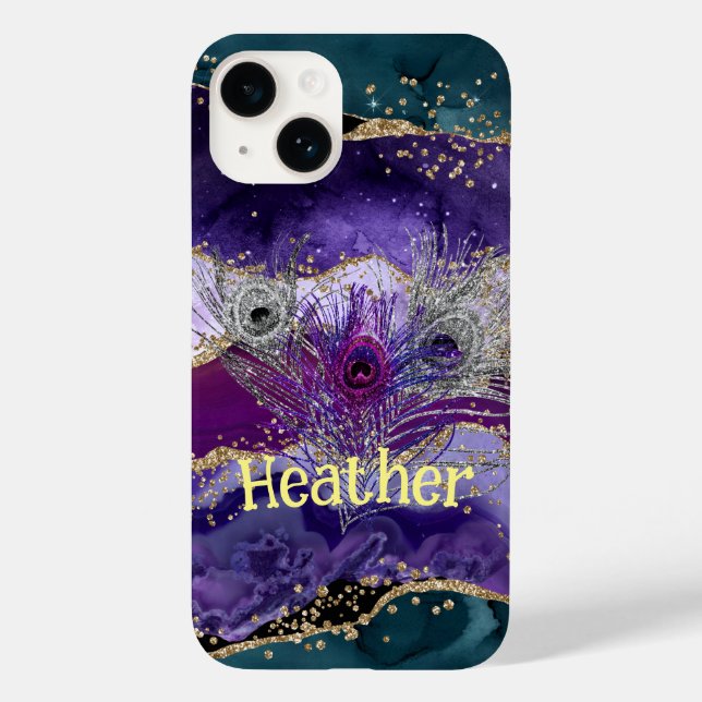Glam Lila Peacock Agate Feathered Case-Mate iPhone Hülle (Rückseite)