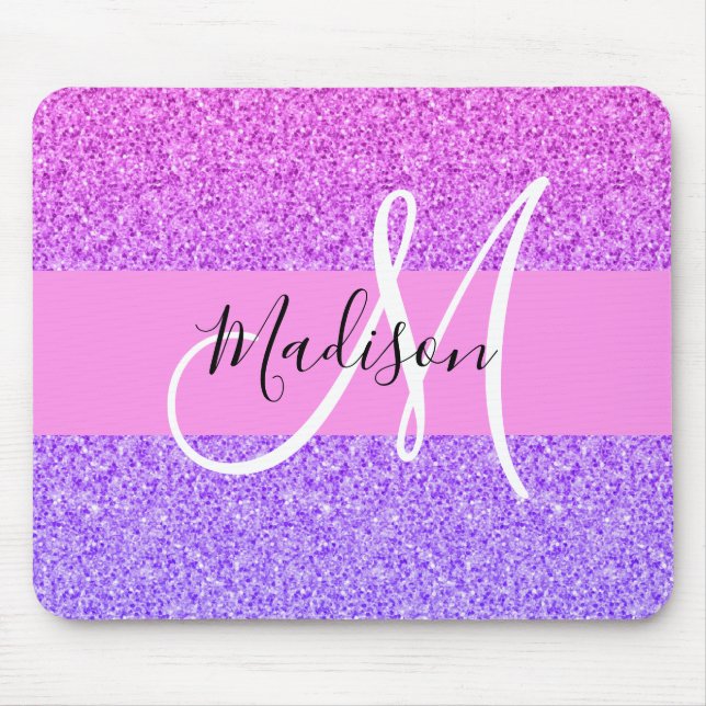 Glam Lila rosa Glitzer Sparkle Gradient Monogram Mousepad (Vorne)