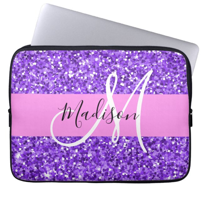 Glam Lila & rosa Glitzer Sparkon Monogram Name Laptopschutzhülle (Vorderseite)