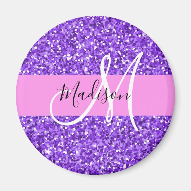 Glam Lila & rosa Glitzer Sparkon Monogram Name Magnet (Vorne)