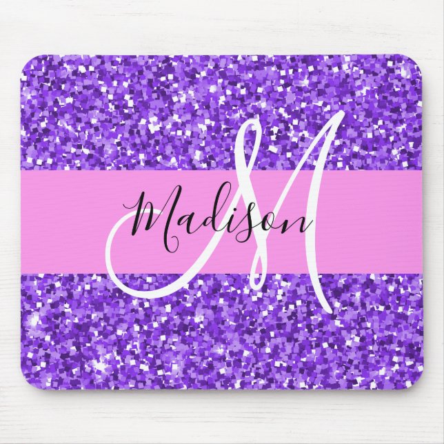 Glam Lila & rosa Glitzer Sparkon Monogram Name Mousepad (Vorne)