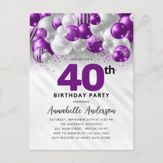 Glam Lila Silver Balloon Glitzer 40. Geburtstag Postkarte