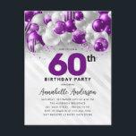 Glam Lila Silver Balloon Glitzer 60. Geburtstag Postkarte<br><div class="desc">Modern Glam Lila Violet Silber Ballon Glitzer Sparkle jedes Alter Geburtstag Einladung</div>