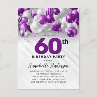 Glam Lila Silver Balloon Glitzer 60. Geburtstag Postkarte