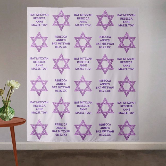 Glam Lila Star von David Foto Stand Bat Mitzvah Wandteppich (Custom purple glam Bat Mitzvah backdrop for step and repeat, photo booth or pure decoration)