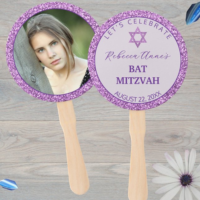 Glam Lila Trendy Girl Foto Bat Mitzvah Party Fächer (Just add your photo and custom text to these reversible Bat Mitzvah hand fans)