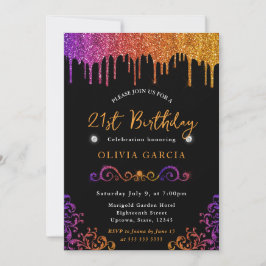 Glam Lila und Orange Glitzer 21. Geburtstag Einladung