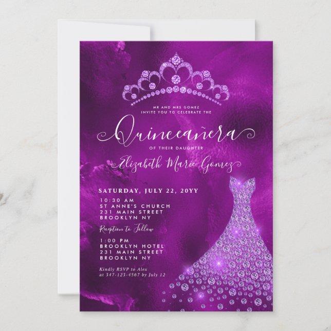 Glam Lila Violet Diamond Tiara Kleid Quinceanera Einladung (Vorderseite)