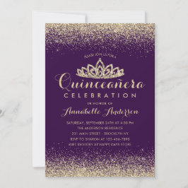 Glam Lila Violet Quinceañera Gold Tiara Glitzer Einladung