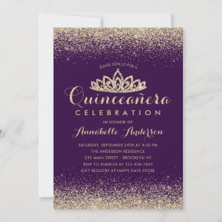 Glam Lila Violet Quinceañera Gold Tiara Glitzer Einladung