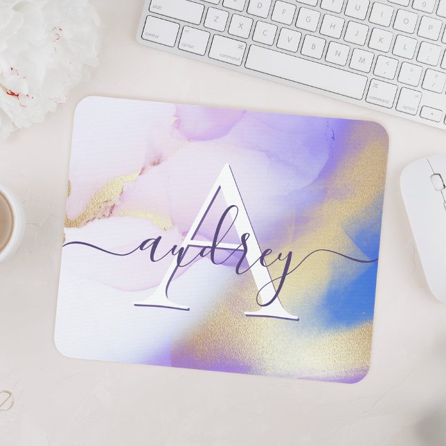 Glam Lilac Gold Abstrakt Paint Elegant Monogram Mousepad (Von Creator hochgeladen)