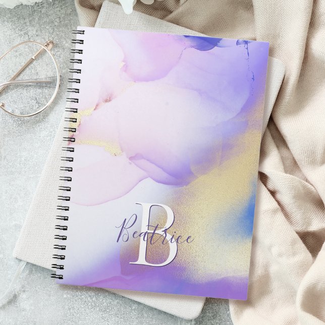 Glam Lilac Gold Abstrakt Paint Elegant Monogram Notizblock (Von Creator hochgeladen)