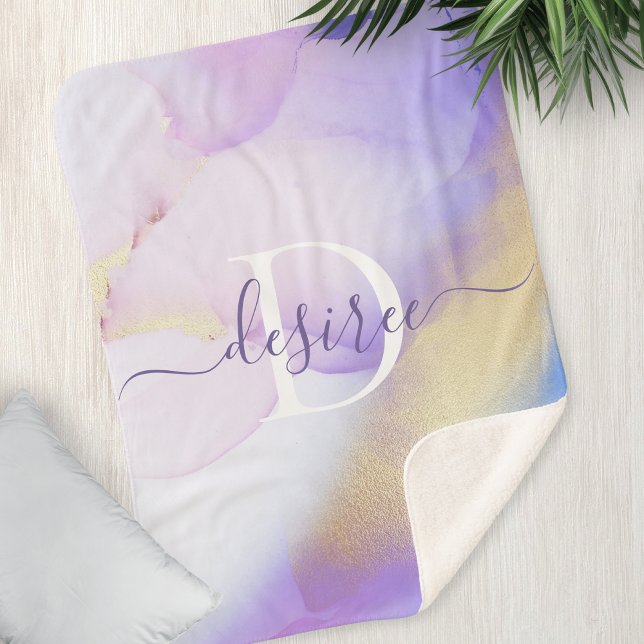 Glam Lilac Gold Abstrakt Paint Elegant Monogram Sherpadecke (Von Creator hochgeladen)