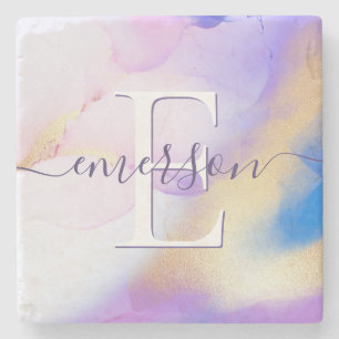 Glam Lilac Gold Abstrakt Paint Elegant Monogram Steinuntersetzer