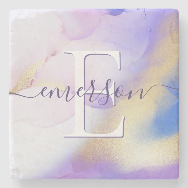 Glam Lilac Gold Abstrakt Paint Elegant Monogram Steinuntersetzer (Vorderseite)