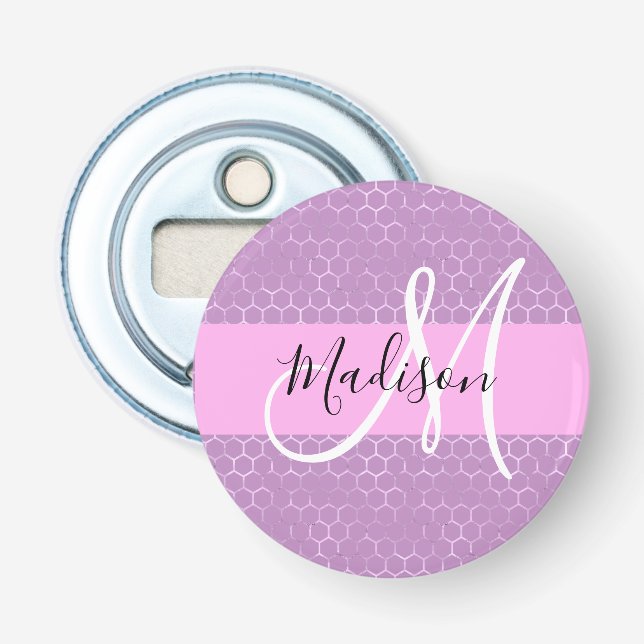 Glam Lilac Metallic Pink Honeycomb Monogram Name Flaschenöffner (Vorderseite)