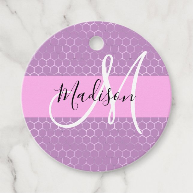 Glam Lilac Metallic Pink Honeycomb Monogram Name Geschenkanhänger (Vorderseite)