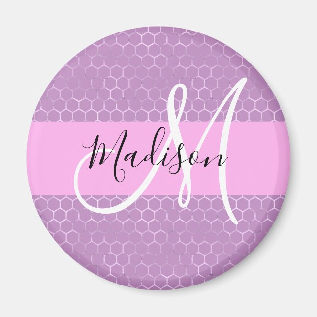 Glam Lilac Metallic Pink Honeycomb Monogram Name Magnet (Vorne)